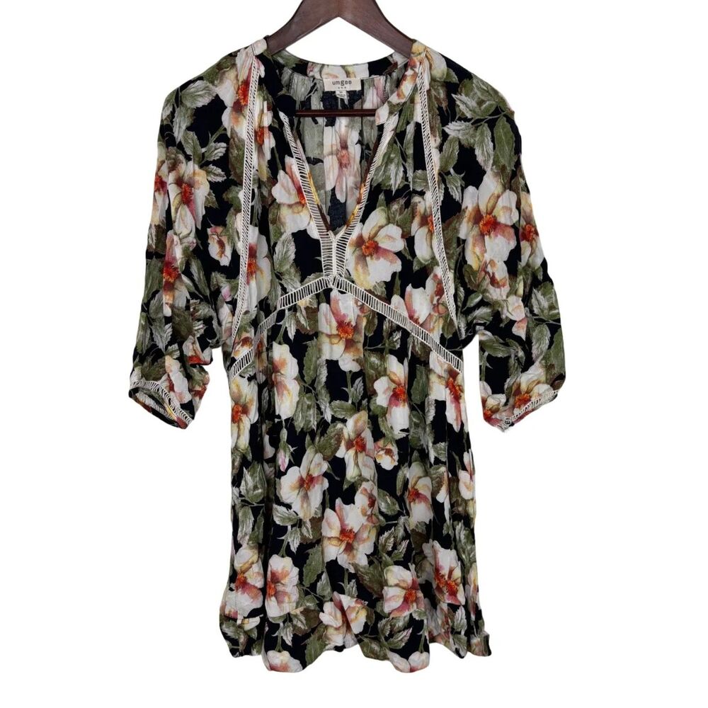 Umgee Apple Blossom Green Floral Tunic Mini Dress Women's Medium